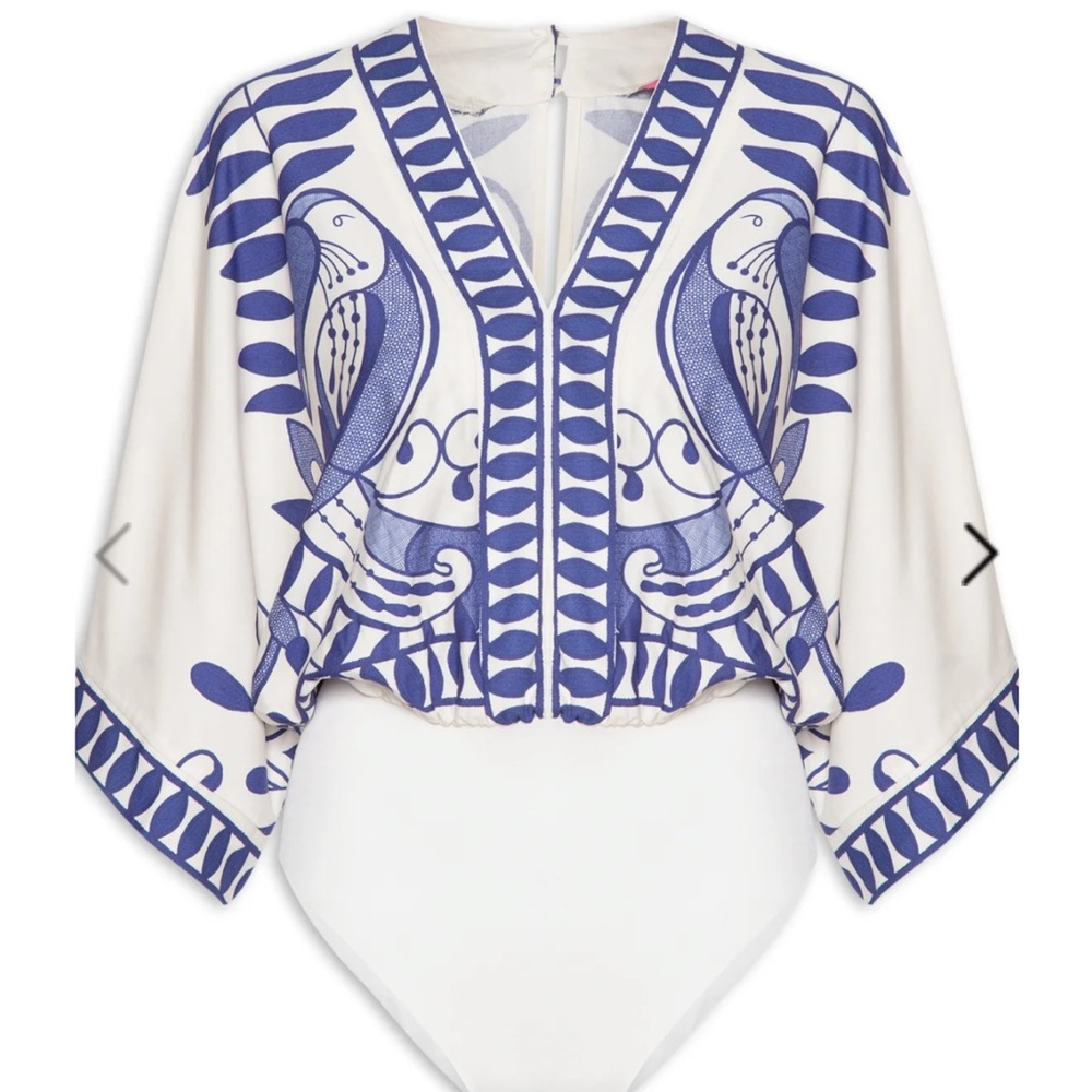 NWT FARM Rio Blue and White Patterned Bodysuit